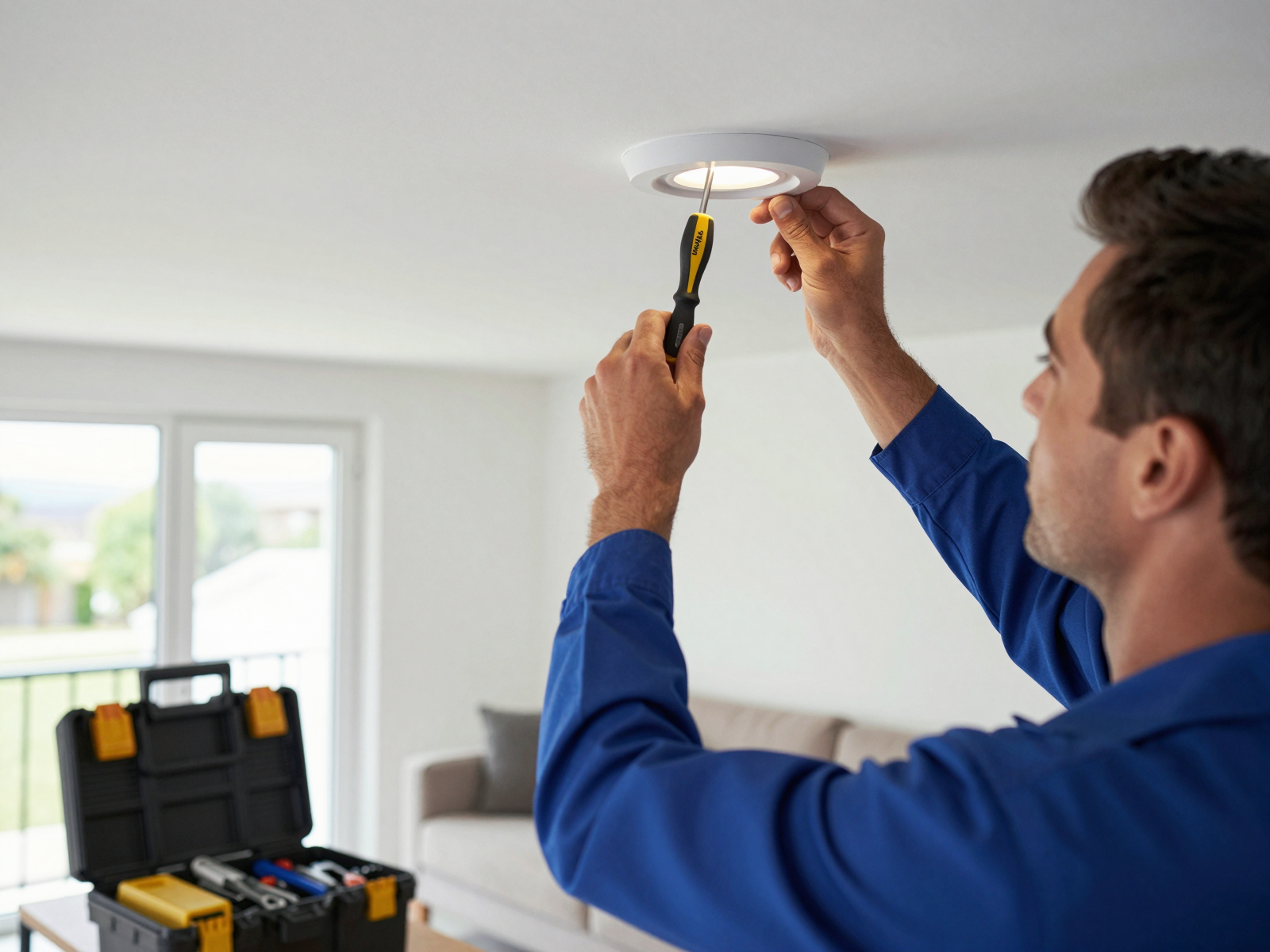 Professional electrician installing LED fixture